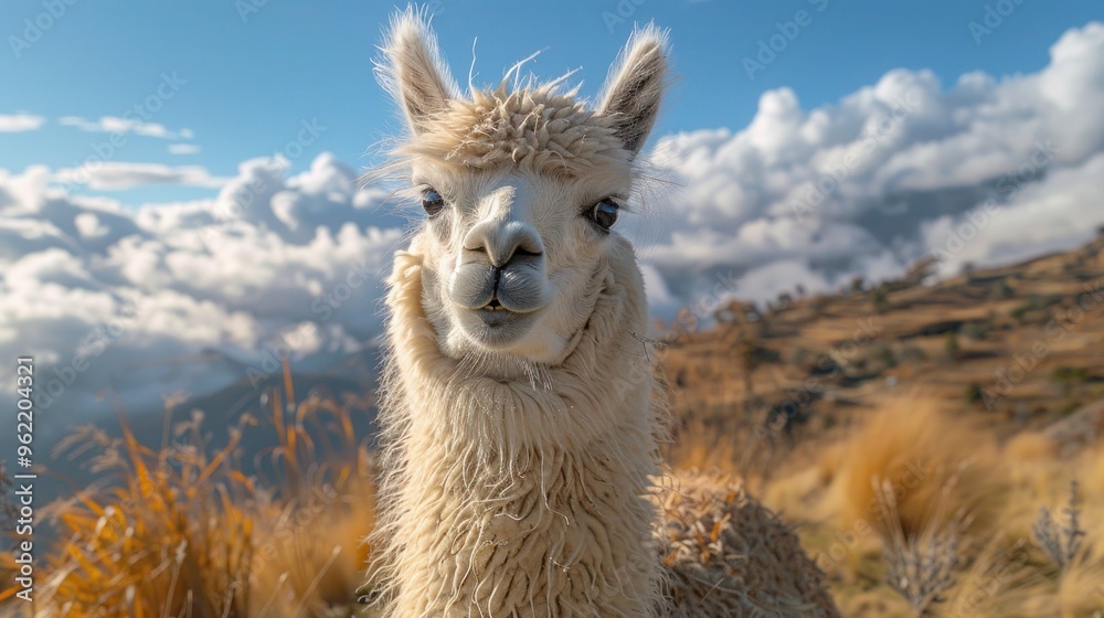 Obraz premium Vertical Close-Up of a Funny Lama Portrait Against Blue Sky