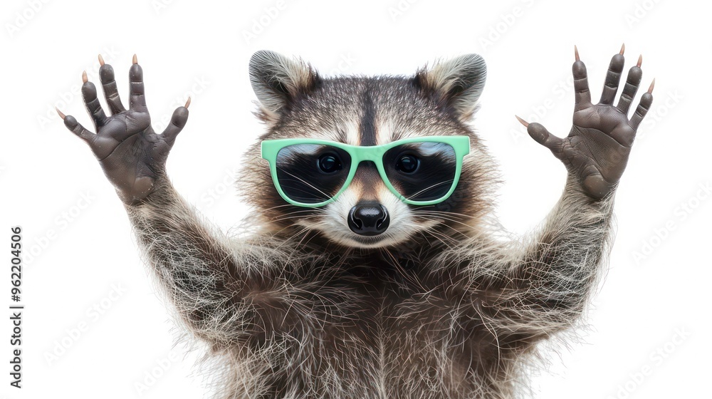 A raccoon wearing sunglasses with its paws up in the air. A raccoon wearing sunglasses with its paws up in the air.