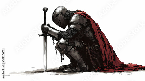 Illustration of a medieval knight kneeling in prayer with a sword, realistic on a white background. Knight. Illustration
