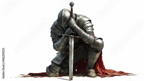 Illustration of a medieval knight kneeling in prayer with a sword, realistic on a white background. Knight. Illustration