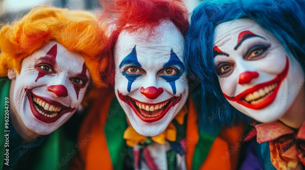 Fototapeta premium Surprised clowns, man and woman entertainers as Joker in a suit and wig, with clown whiteface makeup. Trickster, jester, pantomime, mime, and a professional actors at events, birthday party.