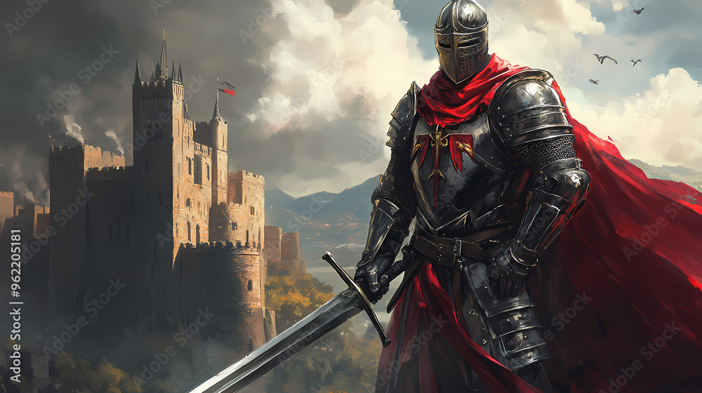 Naklejka premium Medieval knight in the armor with the sword on the castle background. Knight. Illustration