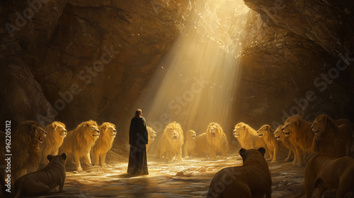 Daniel Stands in the Lion's Den Surrounded by Fierce Lions