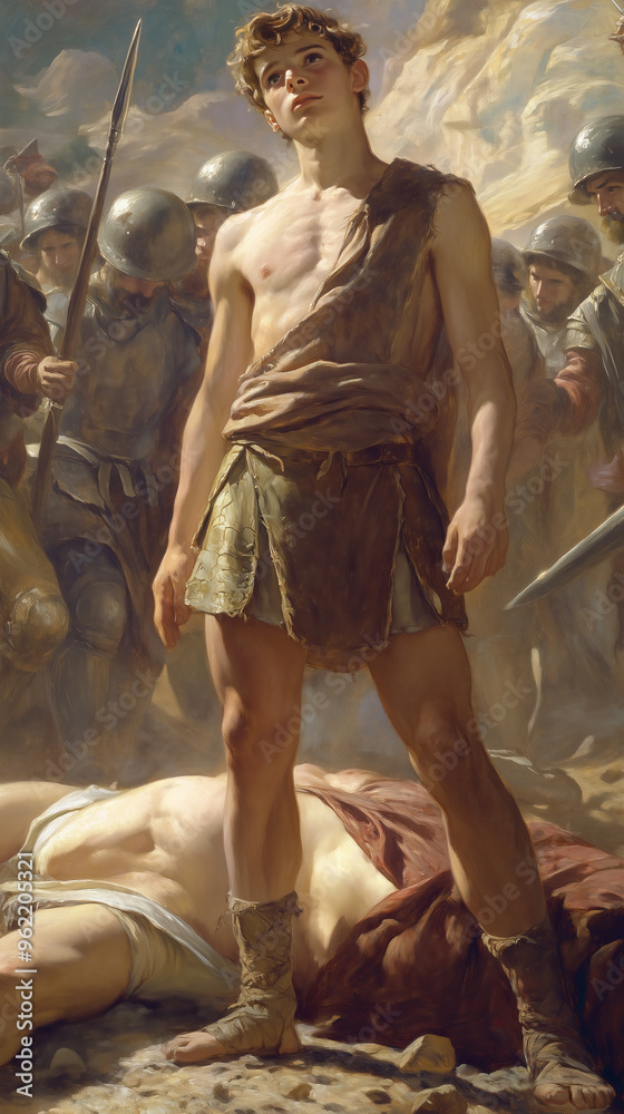 Obraz premium Young David Standing Triumphant After Defeating Goliath in Battle