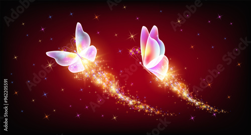 Flying delightful butterflies with sparkle and blazing trail flying in night sky among shiny glowing stars in cosmic space. Love and romance concept.