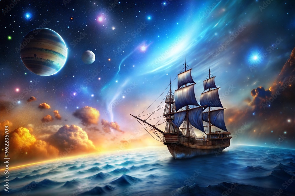 Fototapeta premium Dreamlike sailing ship under starry sky with planets and cosmic clouds