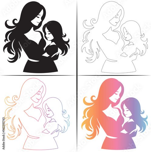 Silhouette of a mother with a Daughter, Colorful Mom And Daughter Silhouette, Mom and Daughter Tracing and Outline-17.eps, Silhouette of a mother with a Daughter, Colorful Mom And Daughter Silhouette,