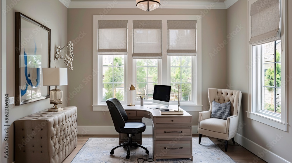 Fototapeta premium Modern Home Office Interior Design with White Blinds and Desk