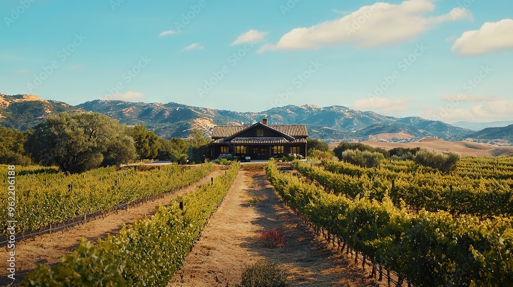Naklejka premium A house sits amidst a vineyard, surrounded by mountains in the background and a dirt path leading up to it