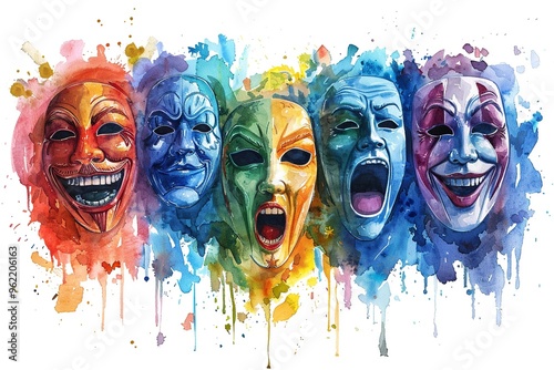 A whimsical watercolor illustration showcasing a variety of comedy masks used by theater actors. Each mask features vibrant hues and playful expressions, isolated on a simple background to highlight