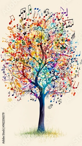 A whimsical tree with flowing multicolored musical notes and symbols, creating a lively and imaginative representation of music and nature meshed together in an artistic form.