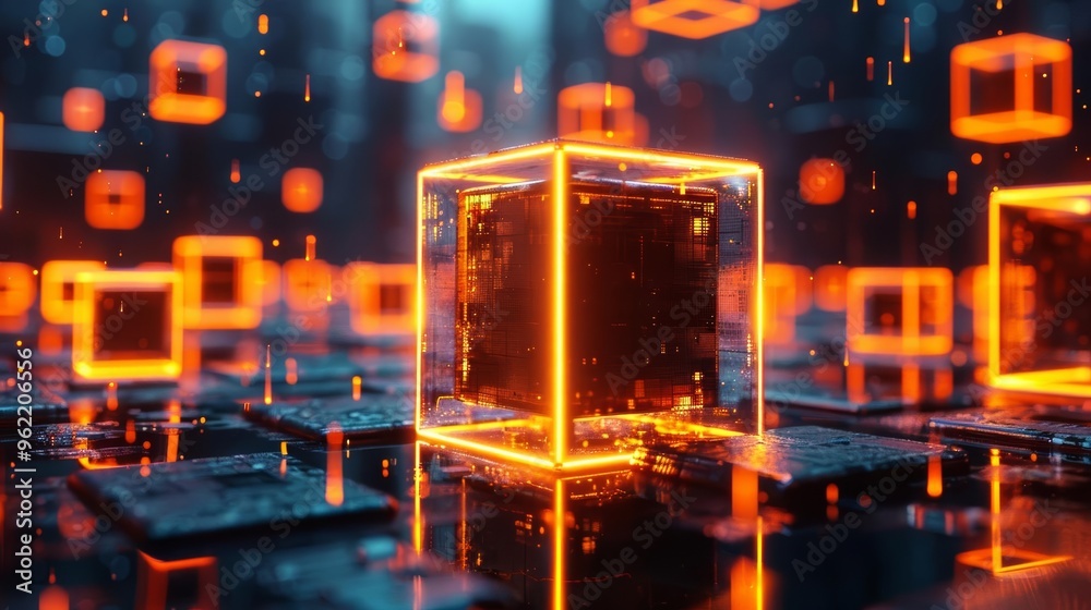 Glowing Edges of Floating Cubes Illuminate the Dark Realm, Creating a Mystical Ambiance in a Futuristic Setting Glowing Edges of Floating Cubes Illuminate the Dark Realm, Creating a Mystical Ambiance in a Futuristic Setting
