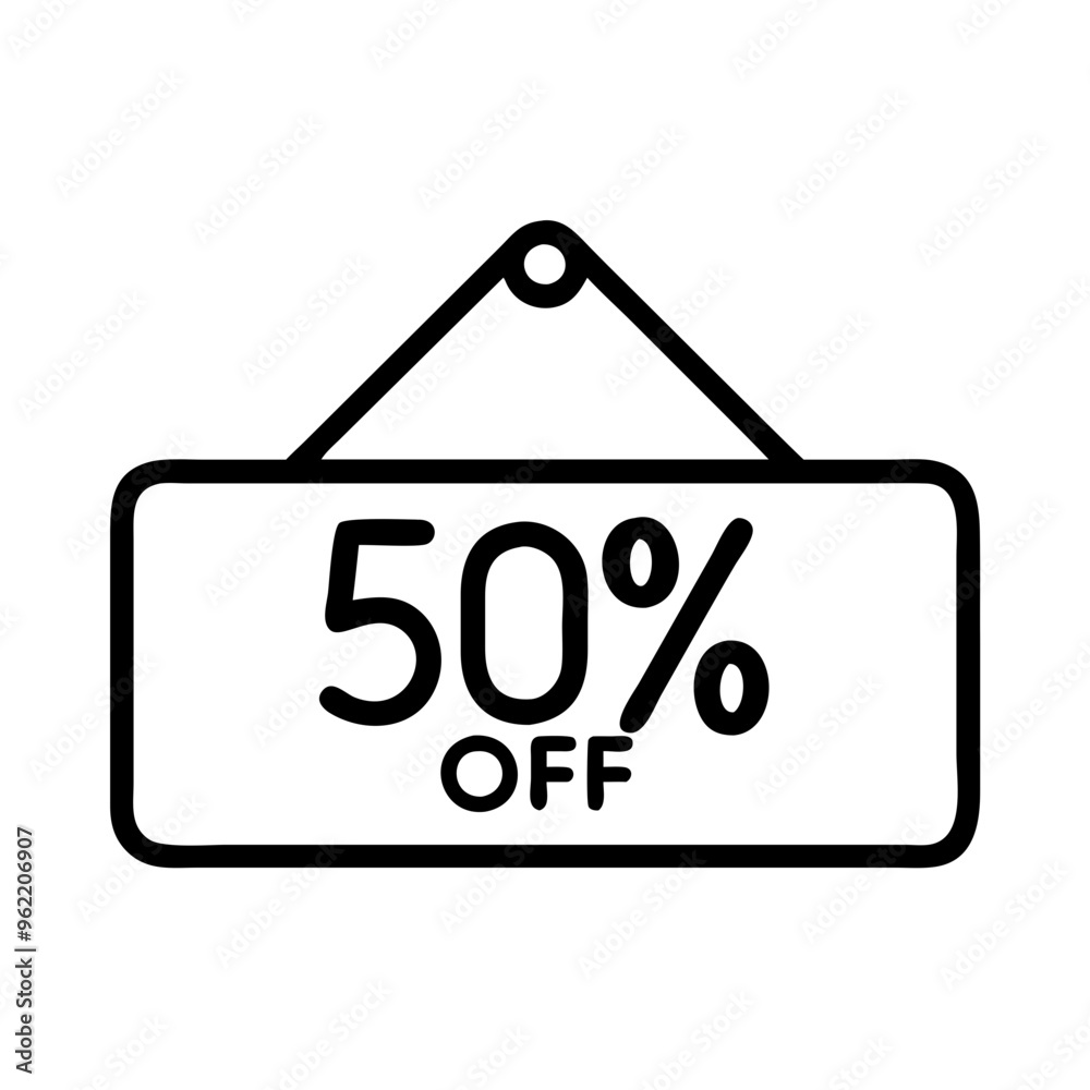 Hanging sign with 50% off text, simple black and white outline Hanging sign with 50% off text, simple black and white outline