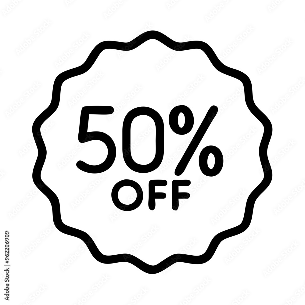 50% off sale badge, scalloped edge, black and white vector icon 50% off sale badge, scalloped edge, black and white vector icon