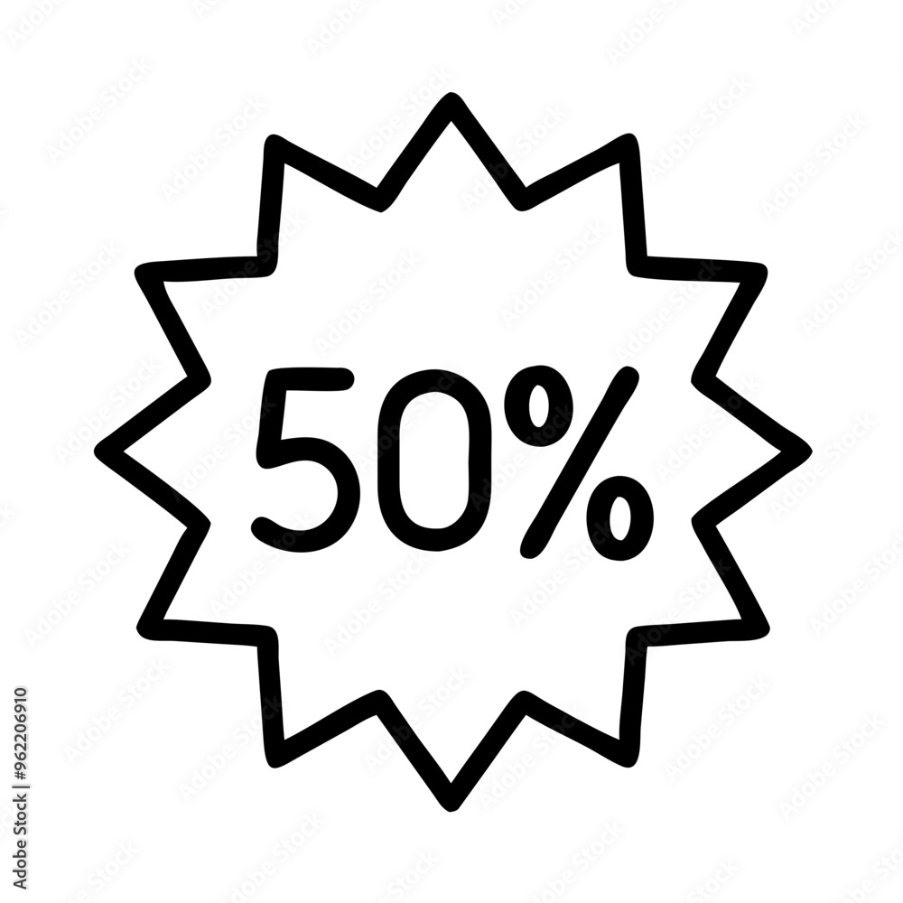 50% off starburst badge icon, black and white minimalistic design 50% off starburst badge icon, black and white minimalistic design