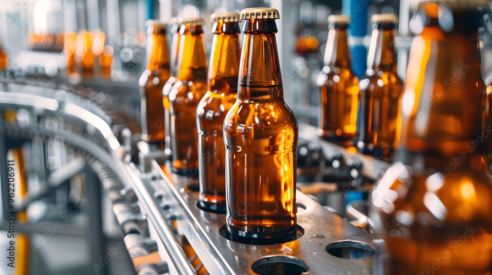 Close-up of amber bottles on a conveyor belt in a brewery, showcasing the beer production process. Close-up of amber bottles on a conveyor belt in a brewery, showcasing the beer production process.