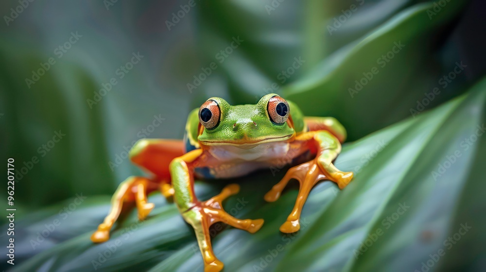 A vibrant green and orange frog with bright red eyes sits on a large green leaf. A vibrant green and orange frog with bright red eyes sits on a large green leaf.