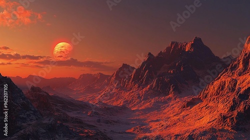  A mountain range bathed in golden light as the sun sets in the background, with a focal point in the foreground