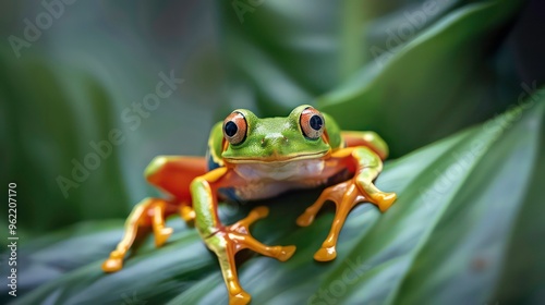 A vibrant green and orange frog with bright red eyes sits on a large green leaf.