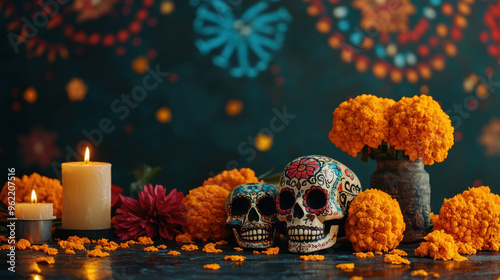 Day of the Dead altar with decorated skulls, marigold flowers, and lit candles in a colorful and festive setting. photo