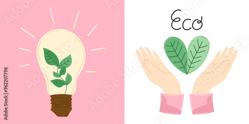 Cartoon light bulb with green sprout inside, hands hold heart of green leaves set illustrations. Renewable green energy, recycling and upcycling - trendy eco concept. For ecological platforms, posters