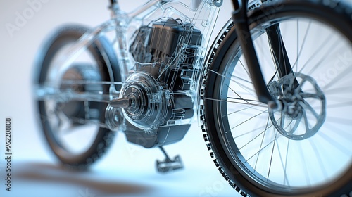 A detailed and realistic of a semi transparent electric bicycle, showcasing its modern exterior and photo