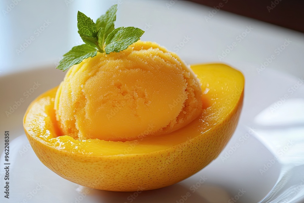 A scoop of refreshing mango sorbet served in a hollowed - out mango half, garnished with a sprig of mint A scoop of refreshing mango sorbet served in a hollowed - out mango half, garnished with a sprig of mint