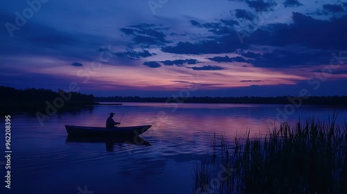  A person in a boat on a body of water under a purple and blue night sky