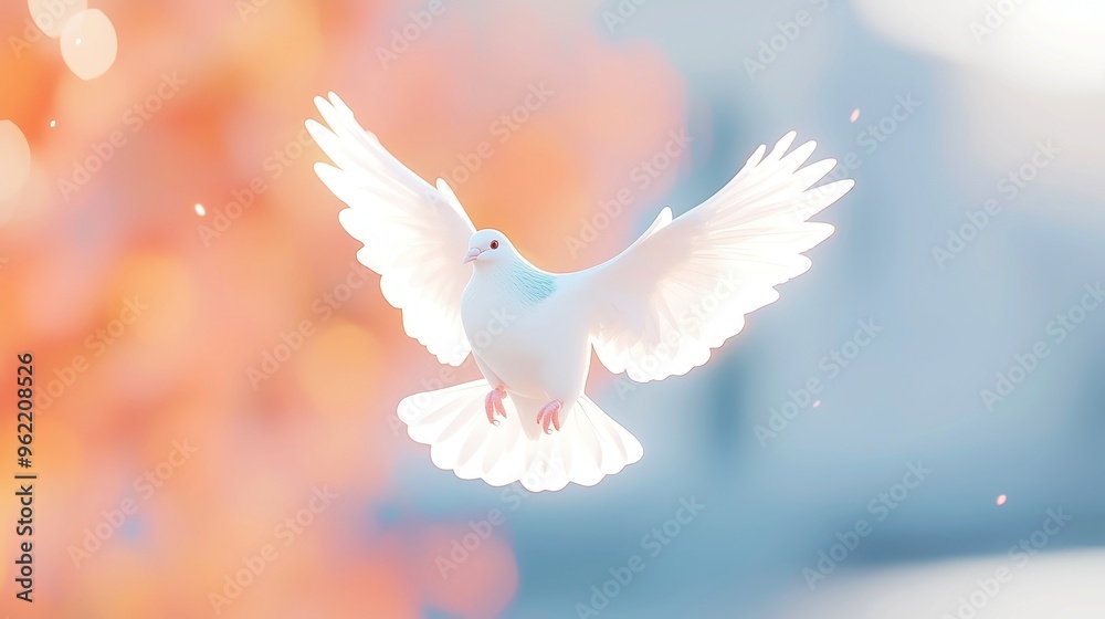 Fototapeta premium Dove in Flight, a serene moment capturing the grace of a dove soaring through the open sky, symbolizing freedom and peace against a backdrop of endless blue.