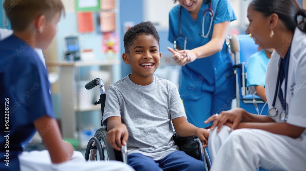Fototapeta premium inclusive pediatric care cheerful disabled boy in wheelchair interacting with diverse medical staff colorful and welcoming hospital environment adaptive equipment visible