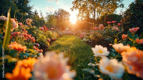 Vibrant Garden Splendor, a lush landscape bursting with colorful blooms, inviting open space, showcasing the beauty of nature in full bloom, a serene and peaceful environment. photo