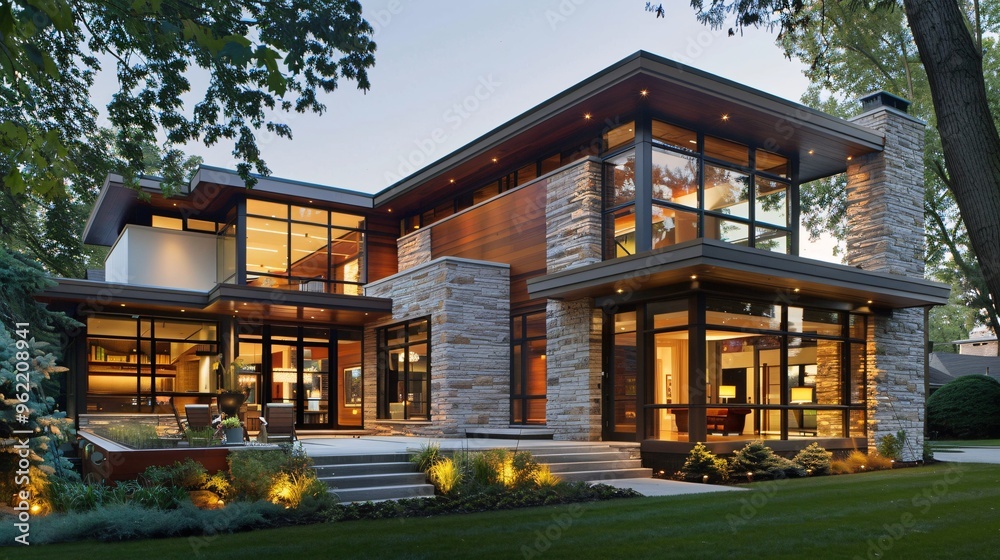 Fototapeta premium Modern Stone and Wood Home with Large Windows