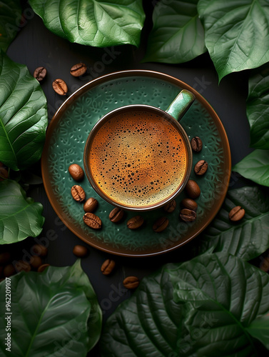 Black coffee in cup, top view, drip coffee. Aesthetics