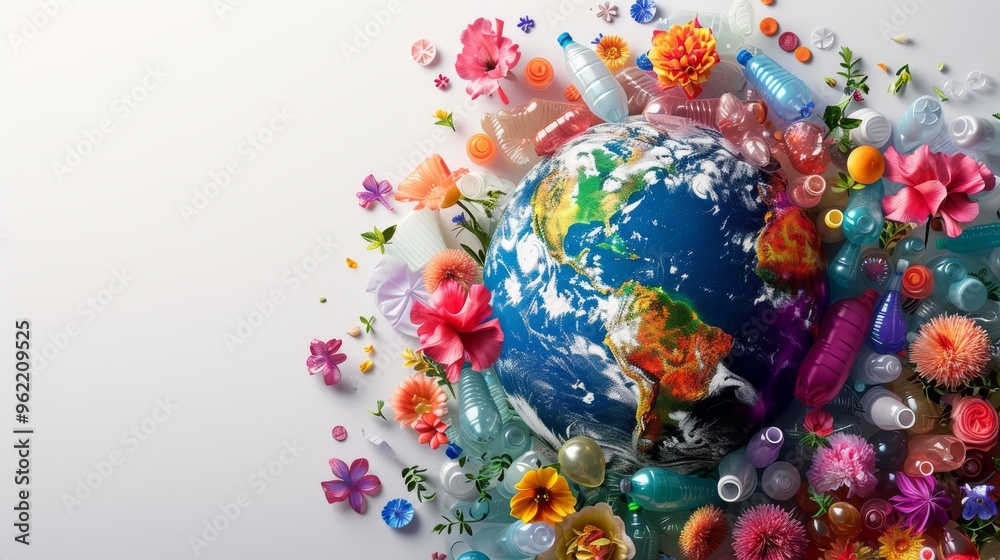 The Earth sphere is encircled by vibrant flowers and plastic waste, symbolizing the contrast between nature and pollution. This composition highlights environmental concerns and the need for The Earth sphere is encircled by vibrant flowers and plastic waste, symbolizing the contrast between nature and pollution. This composition highlights environmental concerns and the need for