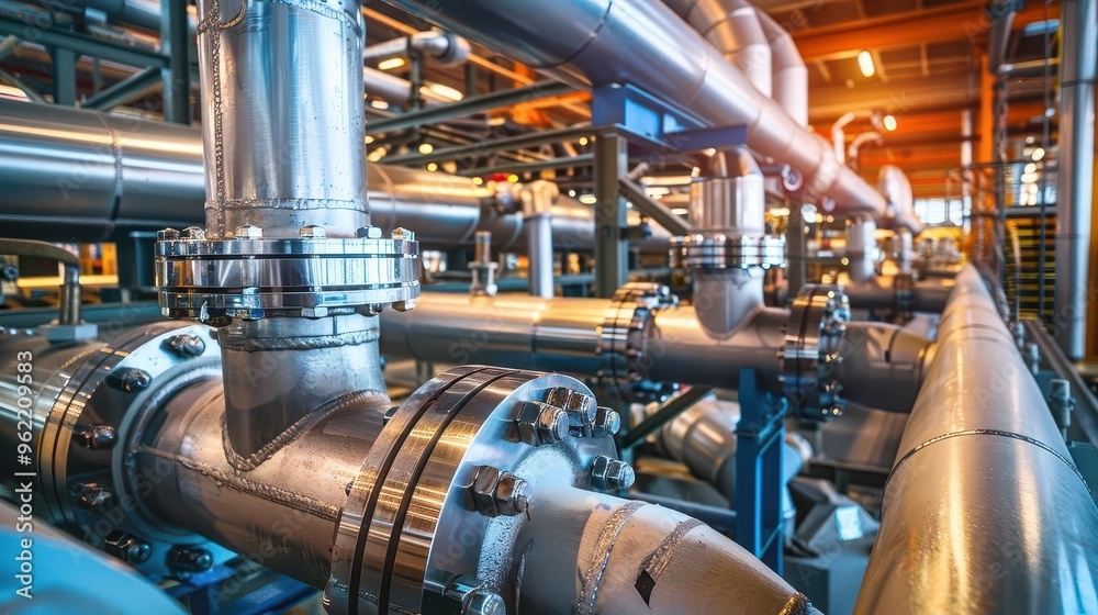 intricate network of gleaming steel pipes and valves in an industrial setting with massive circulation pumps dominating the foreground intricate network of gleaming steel pipes and valves in an industrial setting with massive circulation pumps dominating the foreground