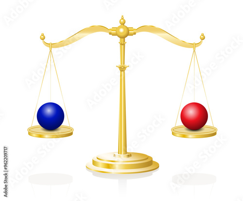 Balance scales with blue and red sphere in balance. Balls of same size and weight but of different colors in perfect balance in weighing pans of a brass scale. Symbol for justice and balance of power.