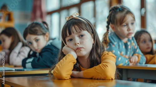 A young girl sits at her desk in an elementary school classroom, looking bored and tired