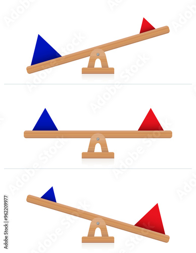Seesaw with blue and red pyramids, balanced and unbalanced. Pyramids of different weights, sizes and colors balancing on wooden seesaws. Symbols of balance and imbalance, and of competition of forces.
