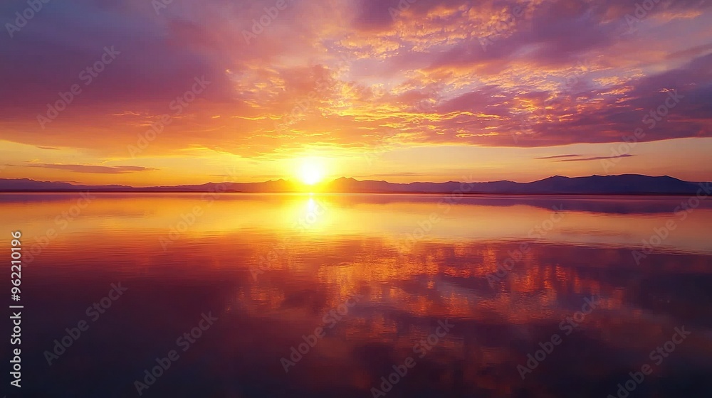 Obraz premium A vast expanse of water bathed in sunlight, with clouds mirrored on its surface and distant mountains reflected in the sky