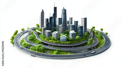 Aerial view of a modern cityscape with skyscrapers and a circular highway, surrounded by greenery and trees, isolated on a white background.