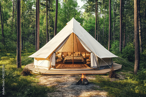 A white tent with a fire pit in front of it