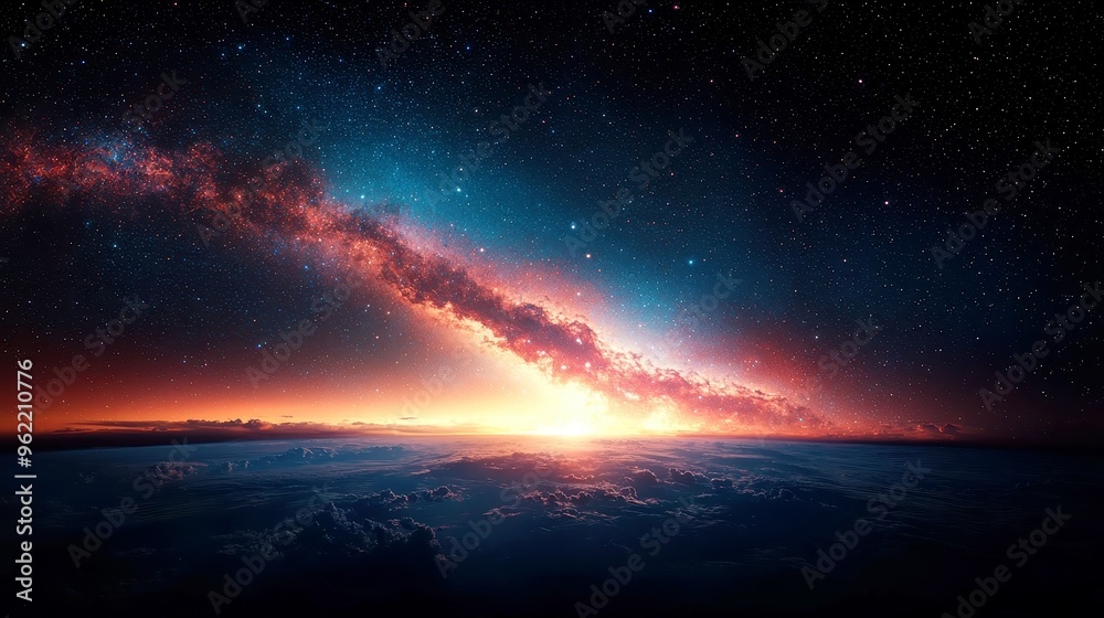 Fototapeta premium Celestial Wonder, an expansive night sky adorned with shimmering stars and swirling galaxies, a breathtaking view of the universe's vastness and beauty