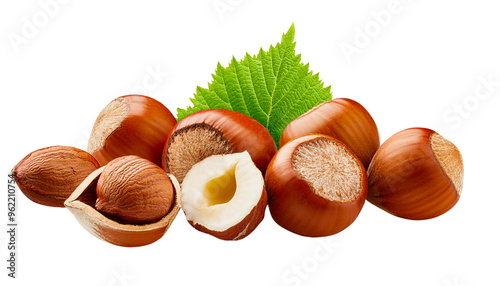 hazelnuts with leaves isolated on transparent background.