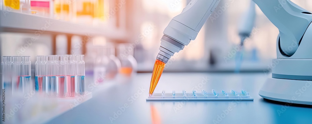 High-tech laboratory with robotic arms handling biomaterial samples, automation in biotechnology, smart labs High-tech laboratory with robotic arms handling biomaterial samples, automation in biotechnology, smart labs