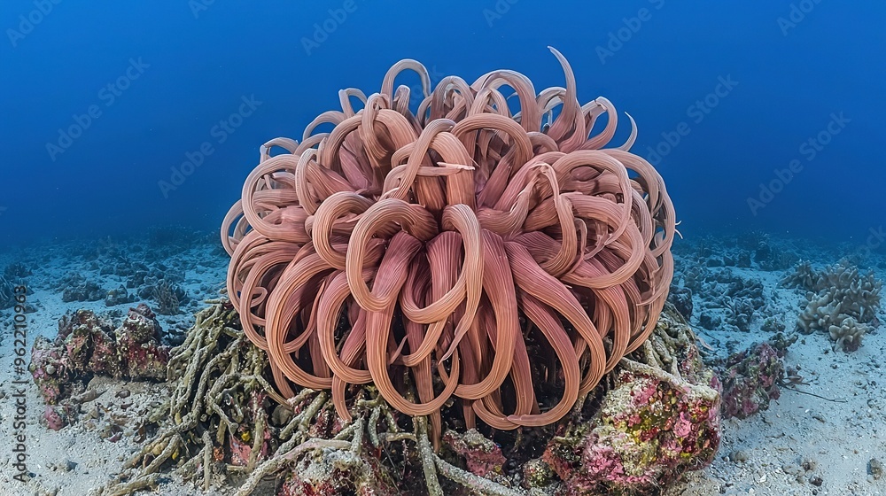 Obraz premium Group of sea anemones on coral reef in ocean, blue water backdrop