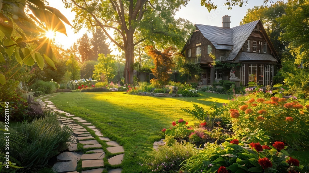 Fototapeta premium lush garden landscape with manicured lawn and colorful flowerbeds winding stone path leads to charming house bathed in warm golden hour light backlit foliage creates dreamy ethereal atmosphere