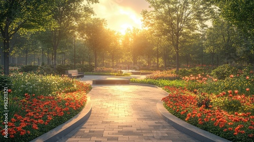 Peaceful Sunset Stroll through a Flower Garden Park