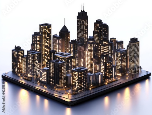 Stunning miniature city skyline model with illuminated buildings, representing modern urban architecture and cityscape design.