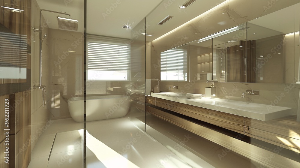 Modern Bathroom Interior Design with Glass Shower and Wooden Vanity Modern Bathroom Interior Design with Glass Shower and Wooden Vanity