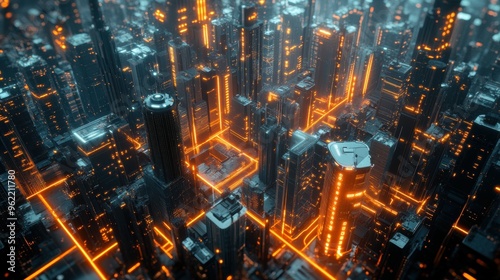 AI-driven futuristic cityscape with glowing circuit lines running through buildings